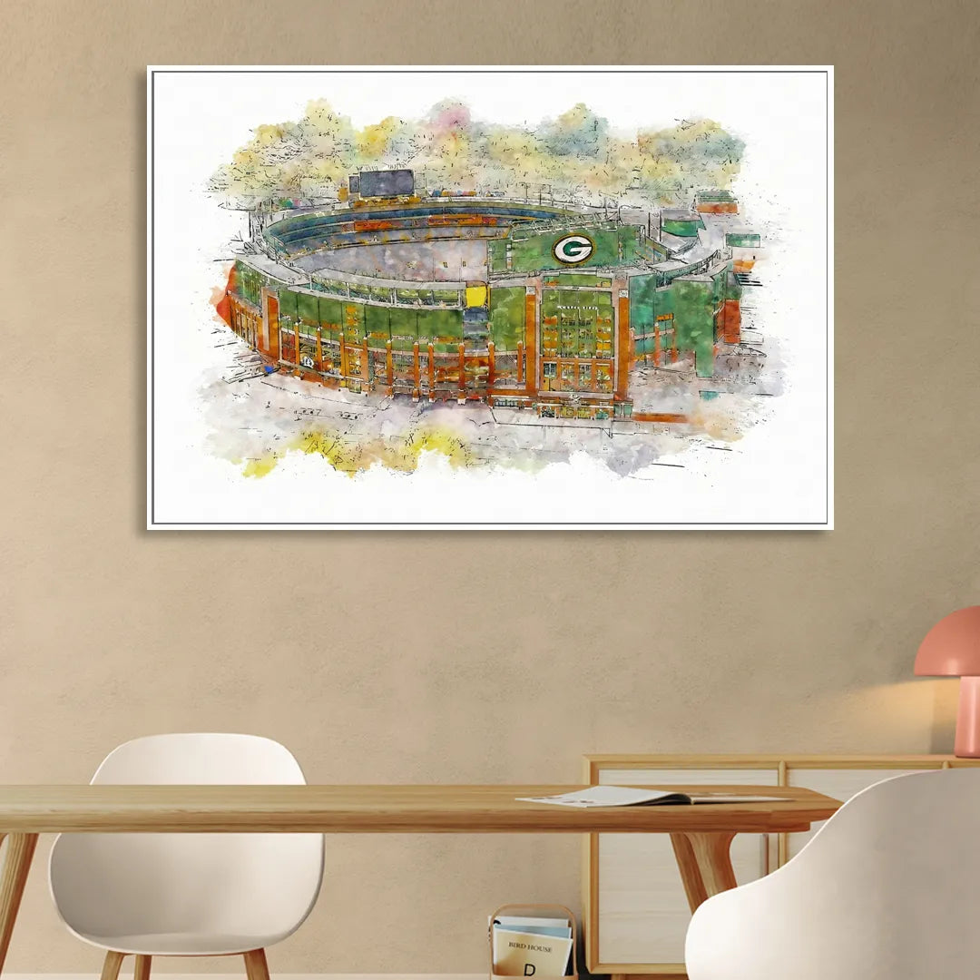 Green Bay Packers Lambeau Field Watercolor Stadium Living Room - White Canvas Wall Art