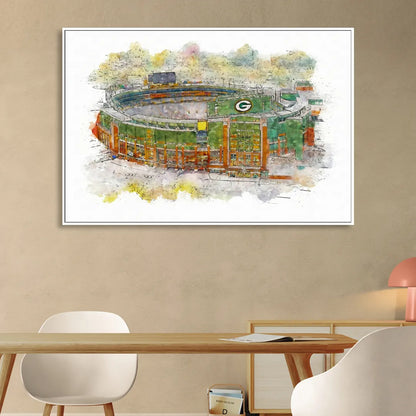 Green Bay Packers Lambeau Field Watercolor Stadium Living Room - White Canvas Wall Art