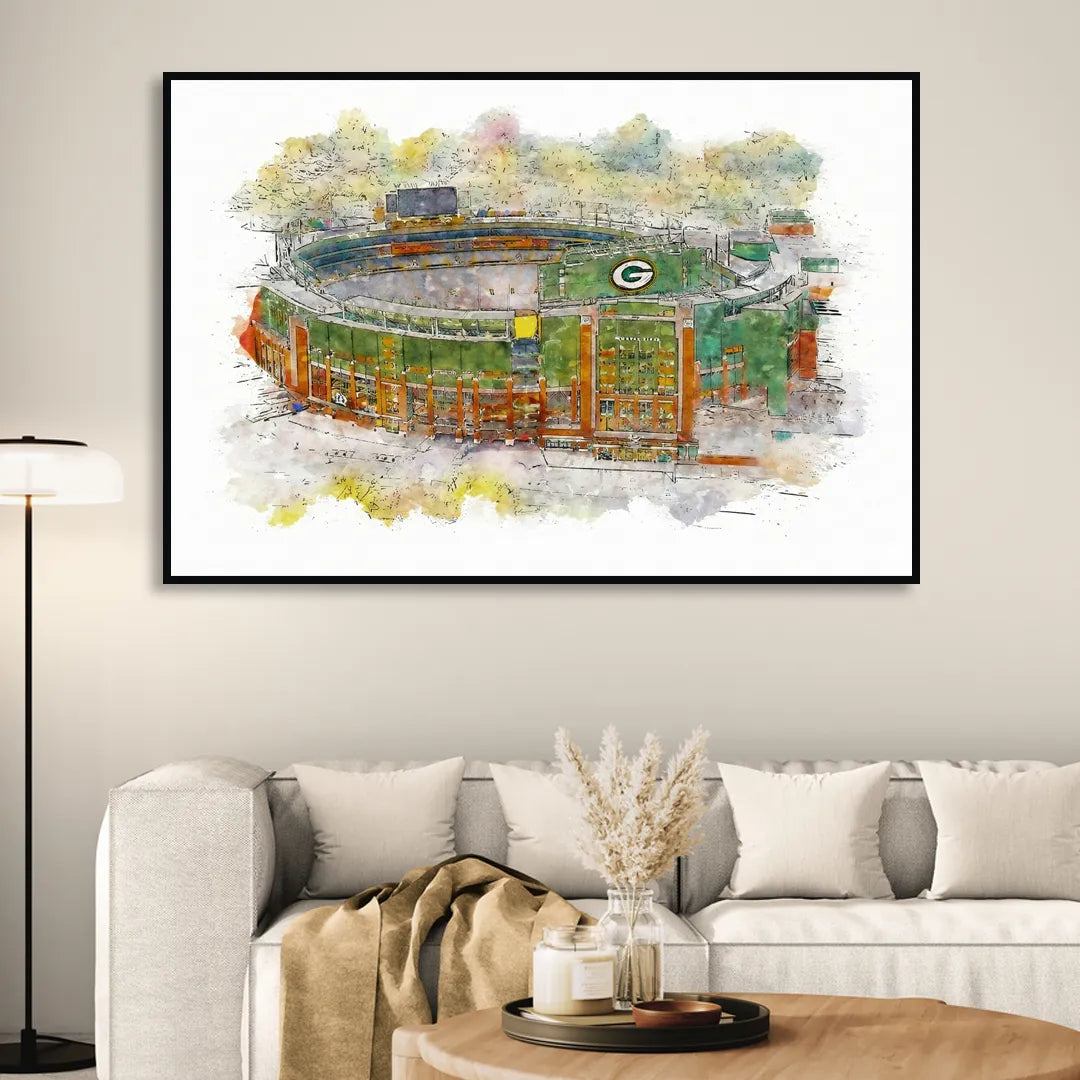 Green Bay Packers Lambeau Field Watercolor Stadium Sitting Room - Black Canvas Wall Art