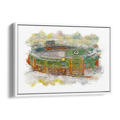 Green Bay Packers Lambeau Field Watercolor Stadium Side - White Canvas Wall Art