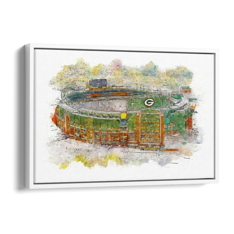 Green Bay Packers Lambeau Field Watercolor Stadium Side - White Canvas Wall Art
