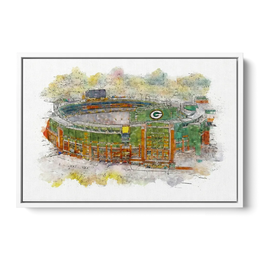 Green Bay Packers Lambeau Field Watercolor Stadium Front - White Canvas Wall Art