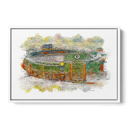Green Bay Packers Lambeau Field Watercolor Stadium Front - White Canvas Wall Art