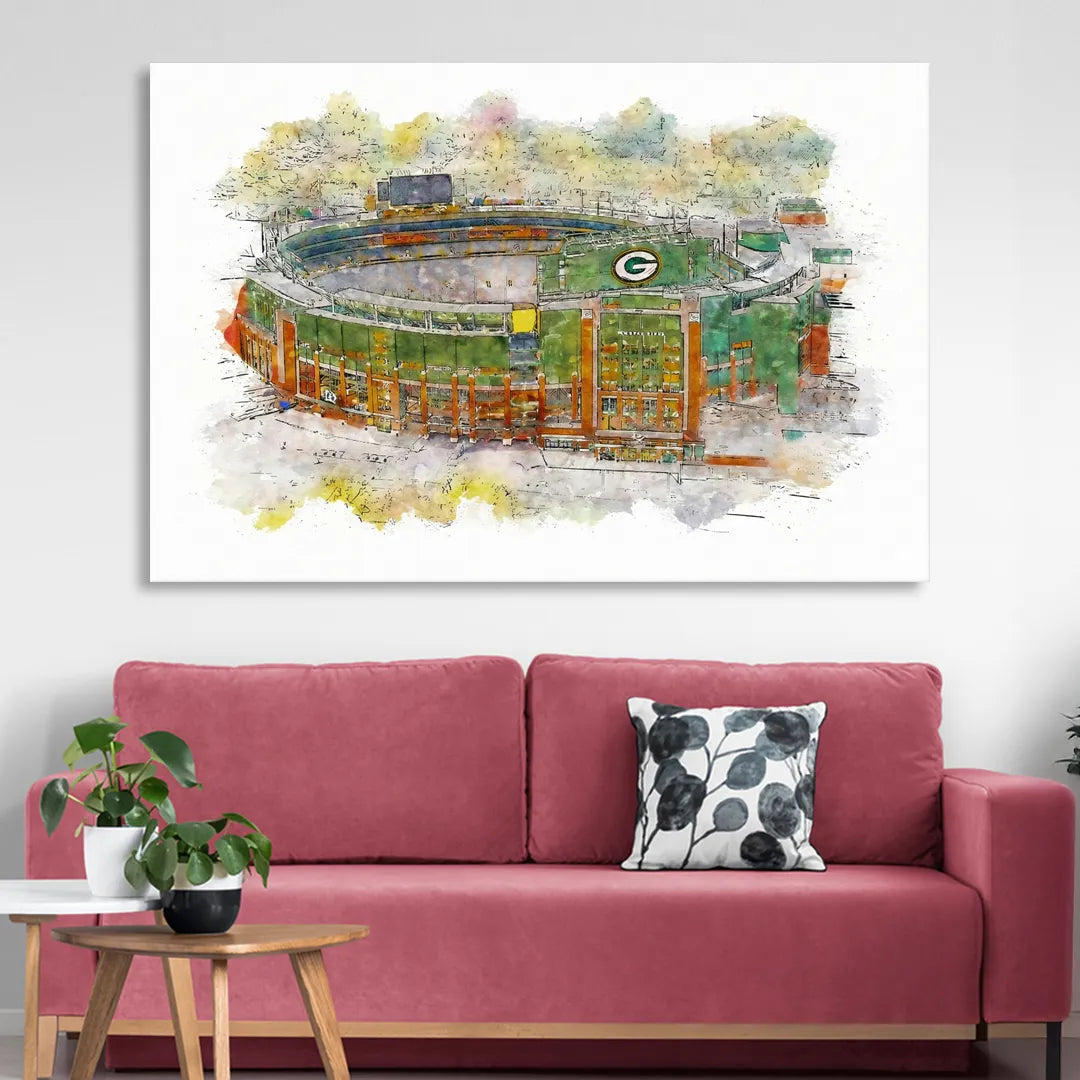 Green Bay Packers Lambeau Field Watercolor Stadium Living Room - Canvas Wall Art