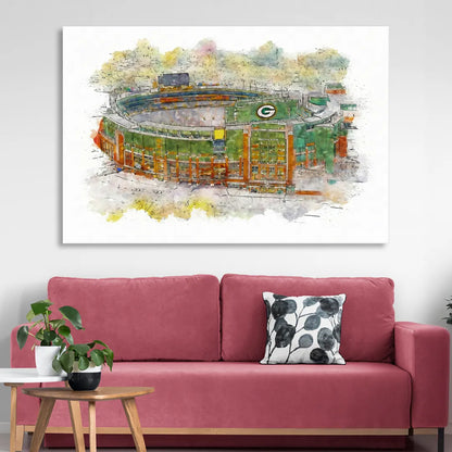 Green Bay Packers Lambeau Field Watercolor Stadium Living Room - Canvas Wall Art
