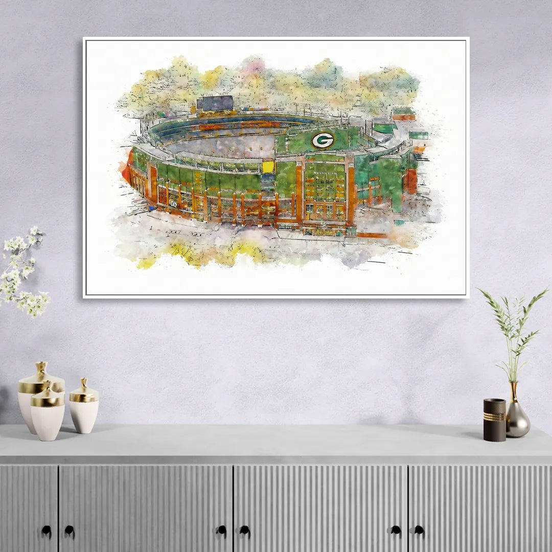 Green Bay Packers Lambeau Field Watercolor Stadium Sitting Room - White Canvas Wall Art