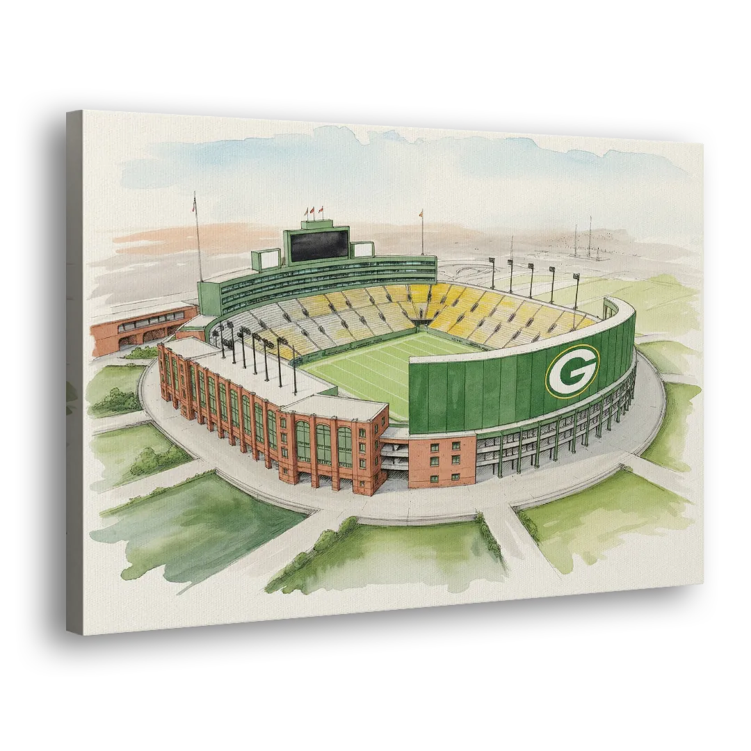 Green Bay Packers Lambeau Field Watercolor Illustration Side - Canvas Wall Art