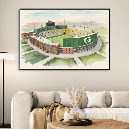 Green Bay Packers Lambeau Field Watercolor Illustration Living Room - Black Canvas Wall Art