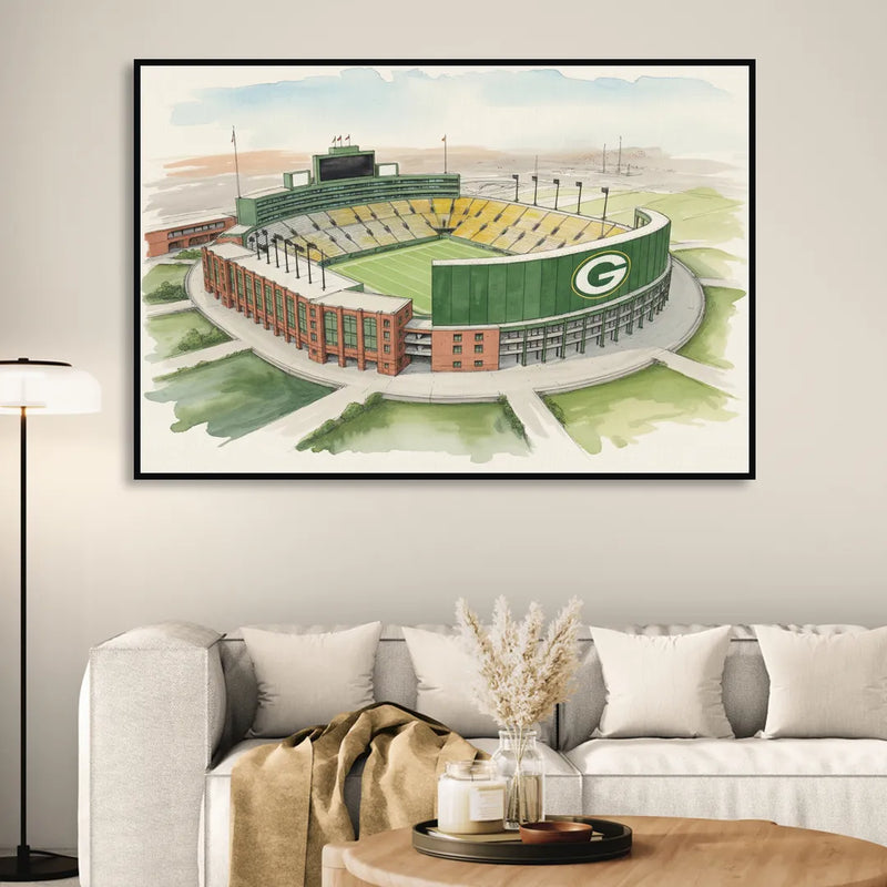 Green Bay Packers Lambeau Field Watercolor Illustration Living Room - Black Canvas Wall Art