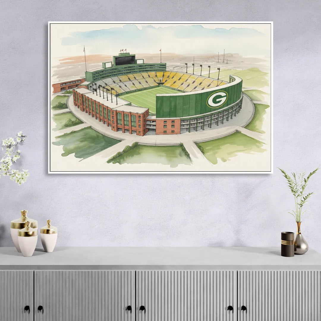 Green Bay Packers Lambeau Field Watercolor Illustration Living Room - White Canvas Wall Art