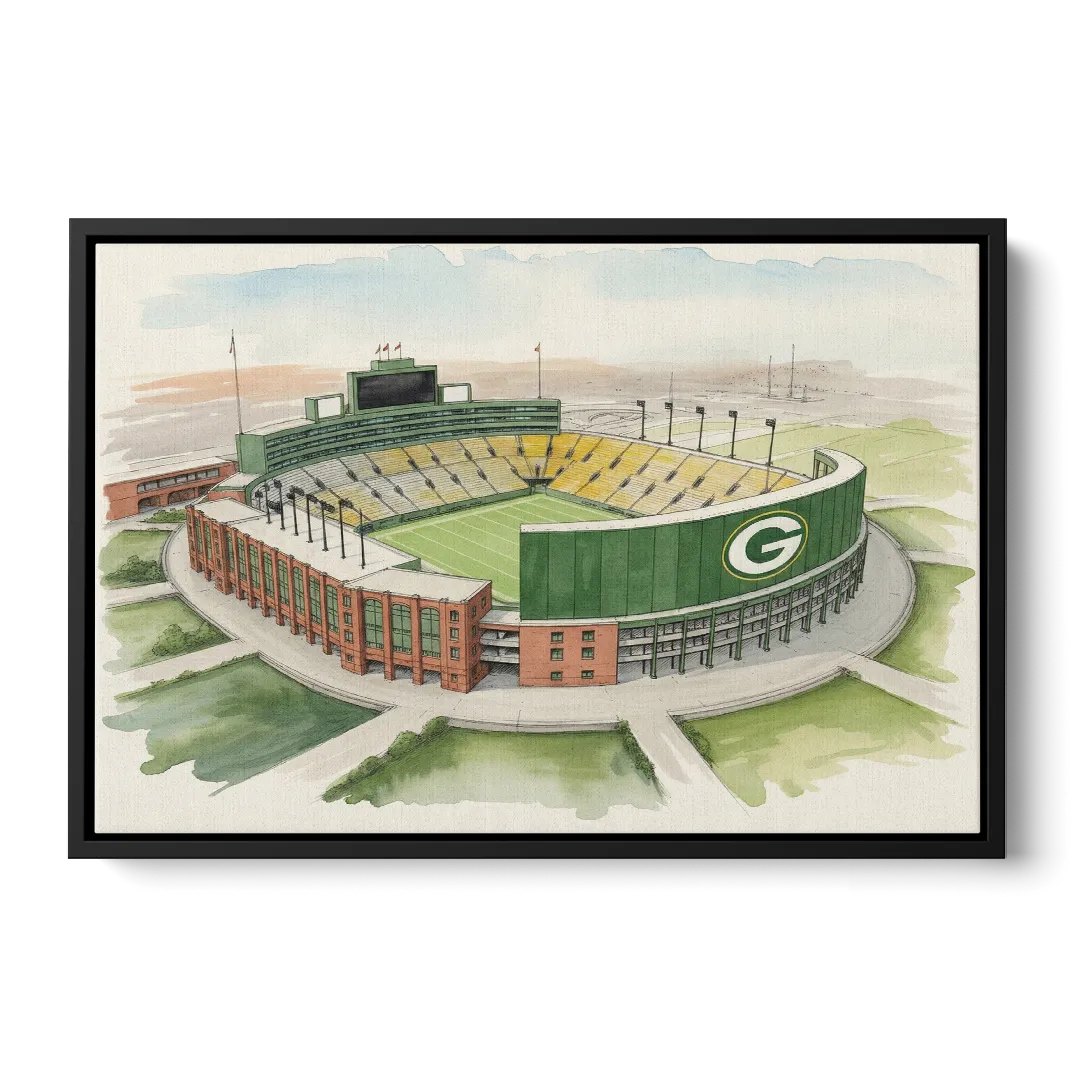 Green Bay Packers Lambeau Field Watercolor Illustration Front - Black Canvas Wall Art