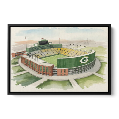 Green Bay Packers Lambeau Field Watercolor Illustration Front - Black Canvas Wall Art