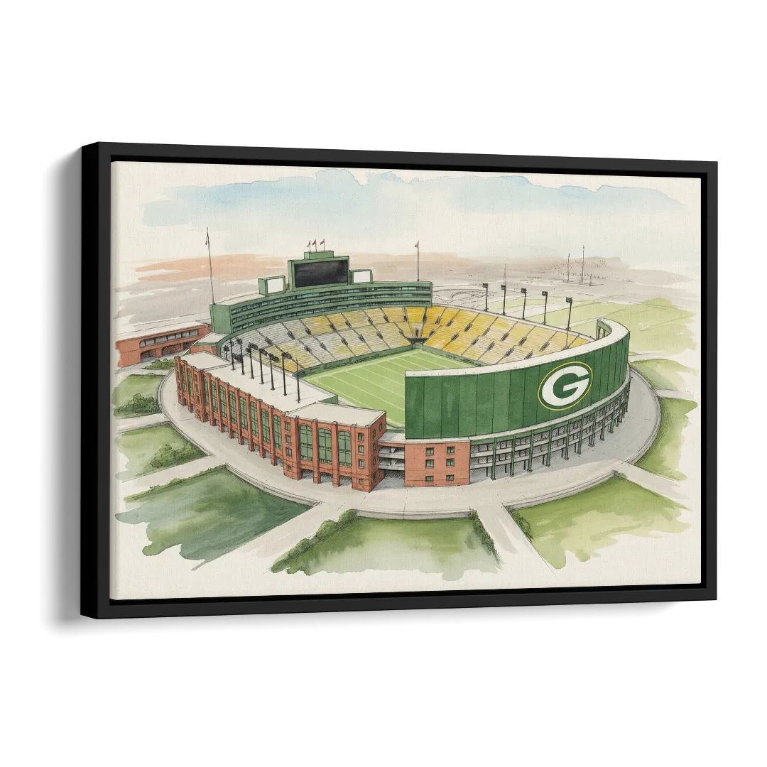 Green Bay Packers Lambeau Field Watercolor Illustration Side - Black Canvas Wall Art