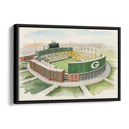Green Bay Packers Lambeau Field Watercolor Illustration Side - Black Canvas Wall Art
