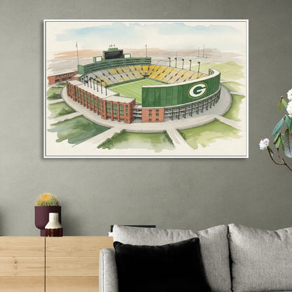Green Bay Packers Lambeau Field Watercolor Illustration Sitting Room - White Canvas Wall Art