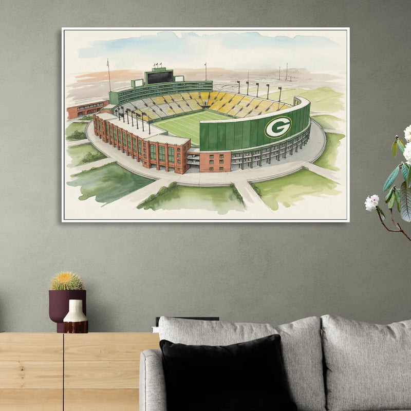 Green Bay Packers Lambeau Field Watercolor Illustration Sitting Room - White Canvas Wall Art