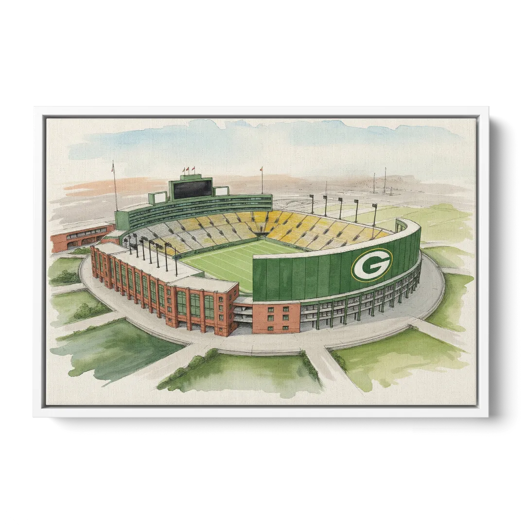 Green Bay Packers Lambeau Field Watercolor Illustration Front - White Canvas Wall Art