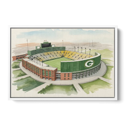 Green Bay Packers Lambeau Field Watercolor Illustration Front - White Canvas Wall Art