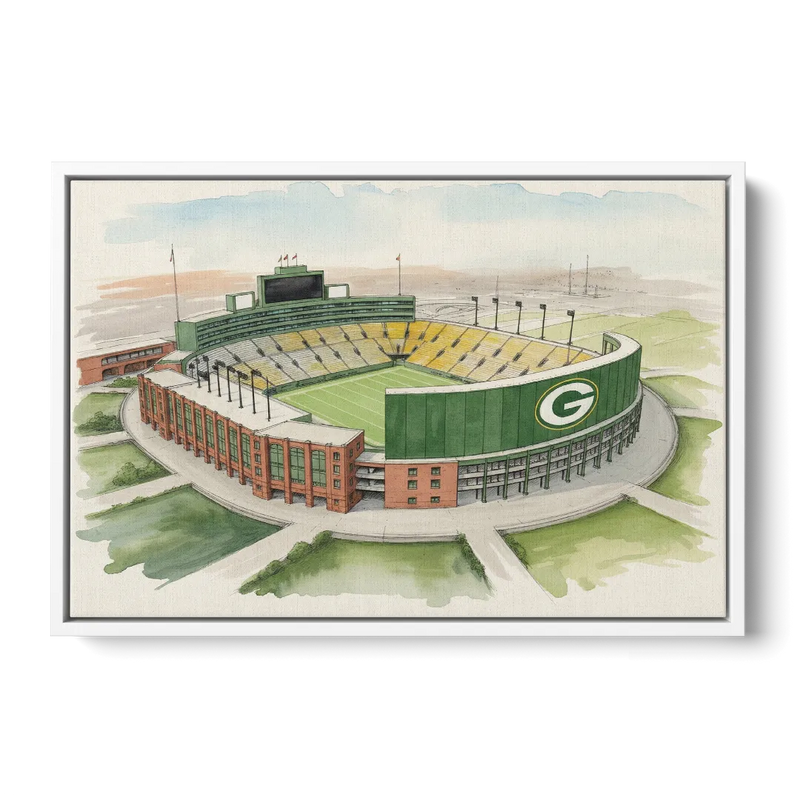 Green Bay Packers Lambeau Field Watercolor Illustration Front - White Canvas Wall Art