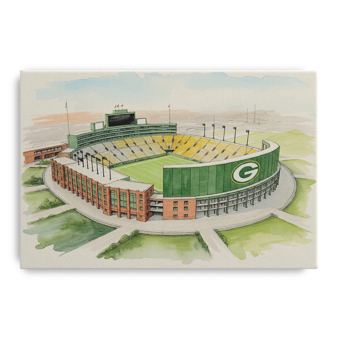 Green Bay Packers Lambeau Field Watercolor Illustration Front - Canvas Wall Art