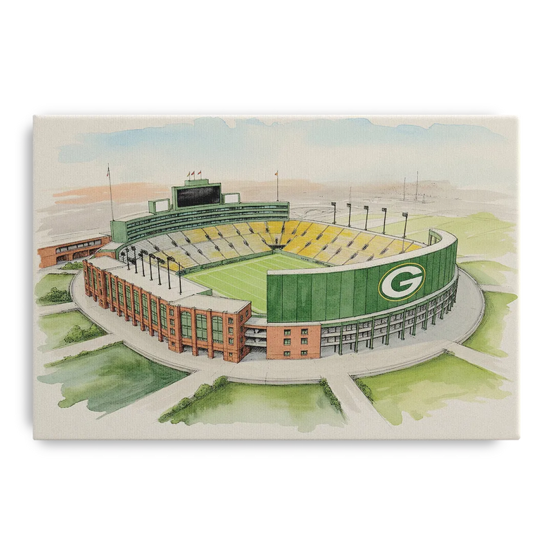 Green Bay Packers Lambeau Field Watercolor Illustration Front - Canvas Wall Art