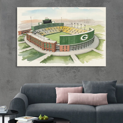 Green Bay Packers Lambeau Field Watercolor Illustration Sitting Room - Canvas Wall Art