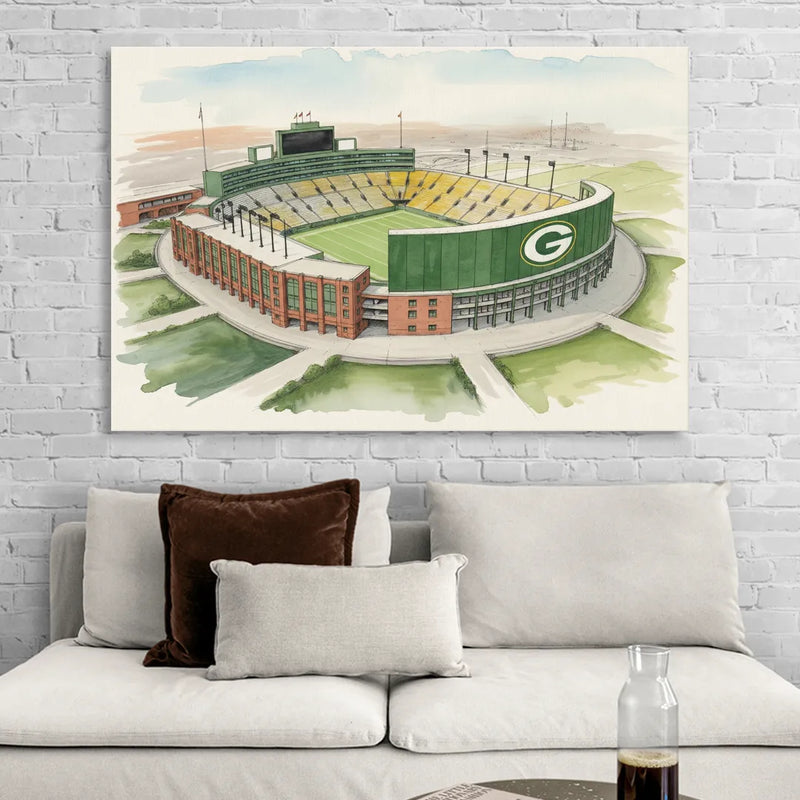 Green Bay Packers Lambeau Field Watercolor Illustration Living Room - Canvas Wall Art