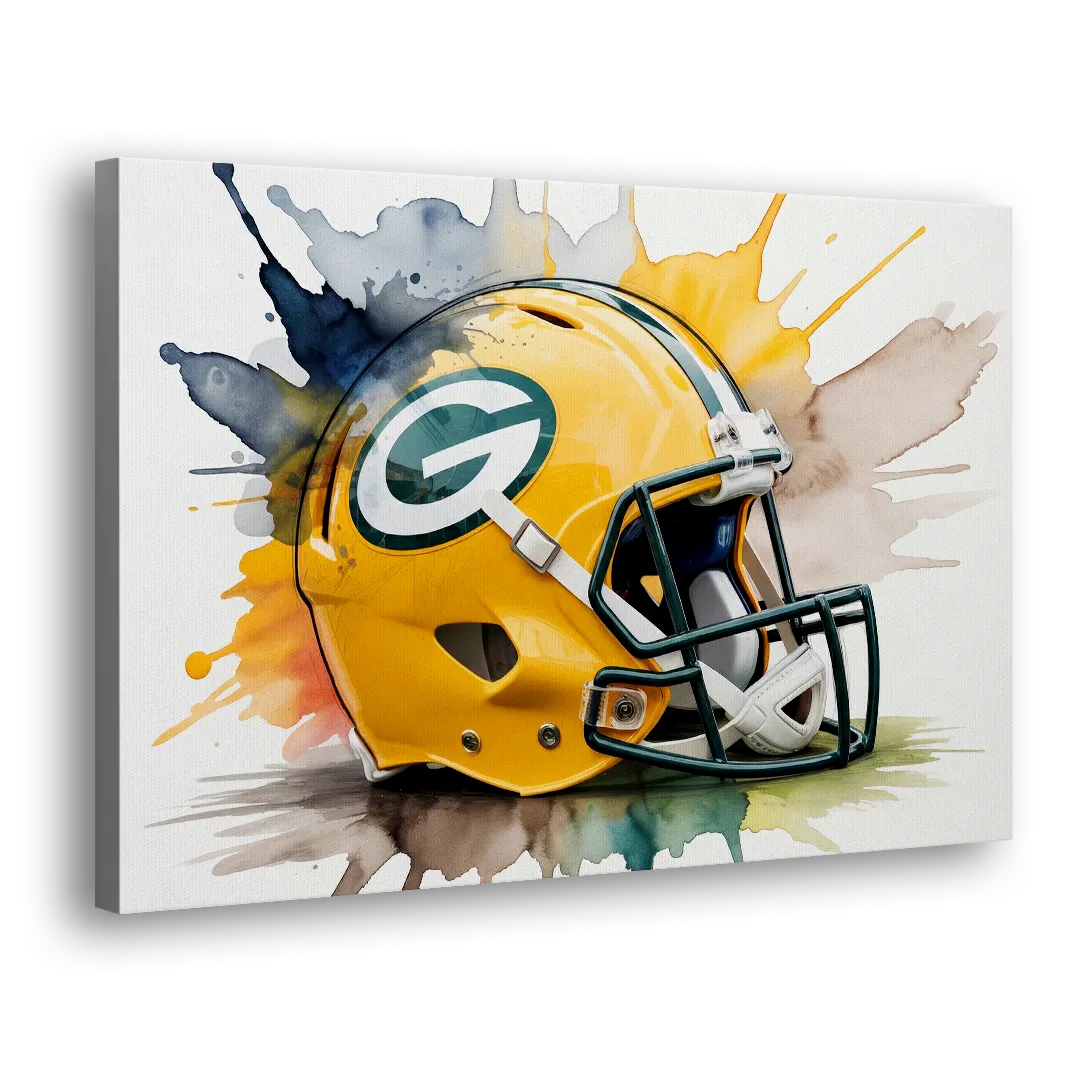 Green Bay Packers Yellow Helmet Watercolor Side - Canvas Wall Art