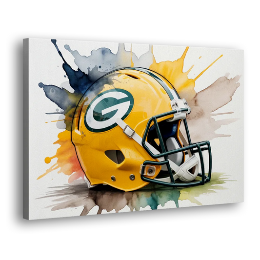 Green Bay Packers Yellow Helmet Watercolor Side - Canvas Wall Art