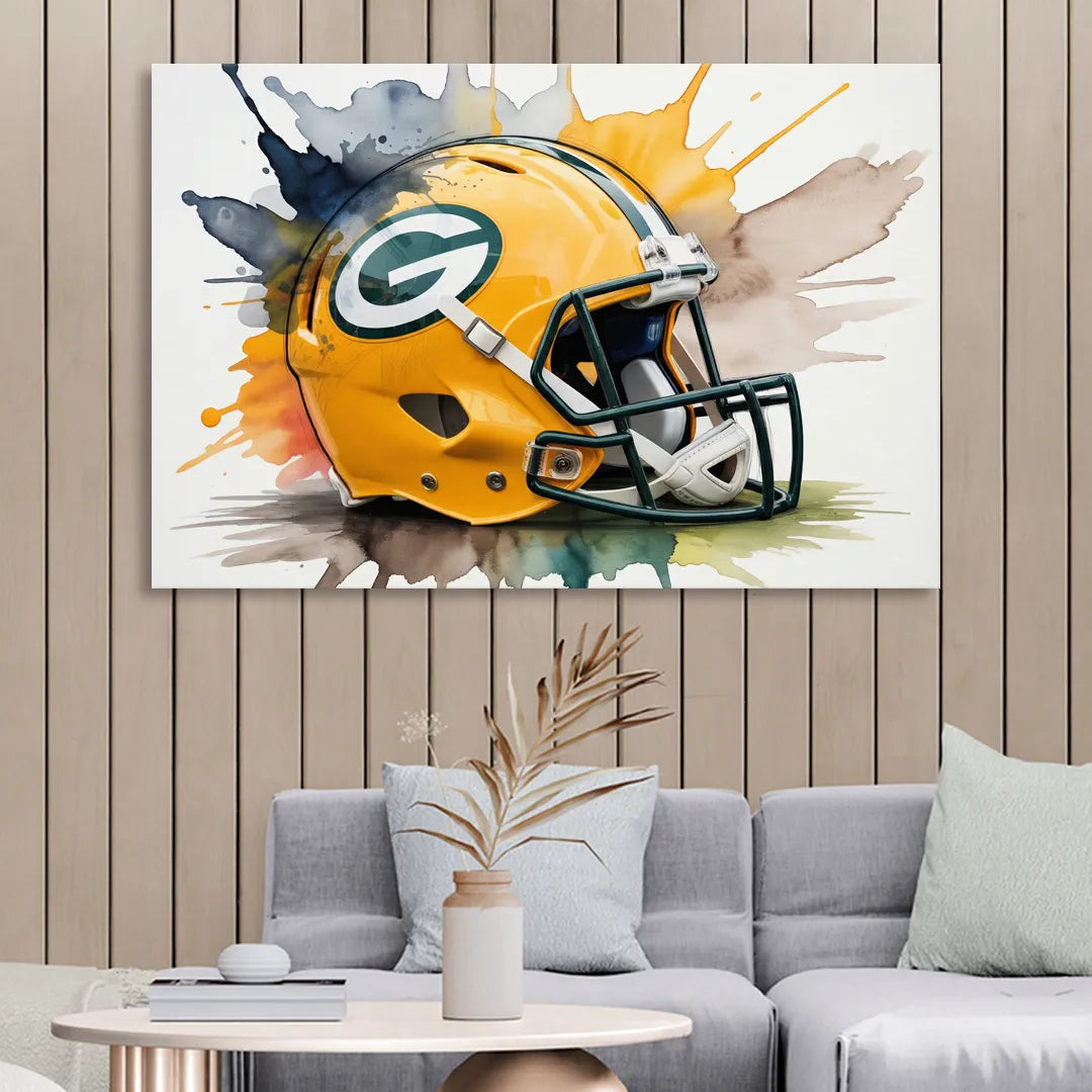 Green Bay Packers Yellow Helmet Watercolor Sitting Room - Canvas Wall Art