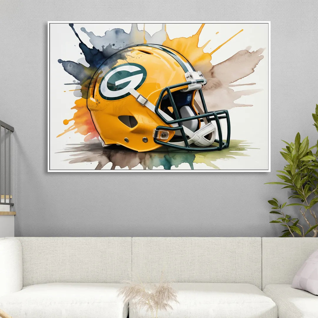 Green Bay Packers Yellow Helmet Watercolor Sitting Room - White Canvas Wall Art