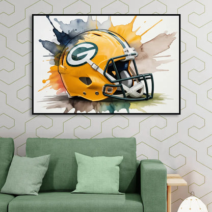 Green Bay Packers Yellow Helmet Watercolor Living Room - Black Canvas Wall Art