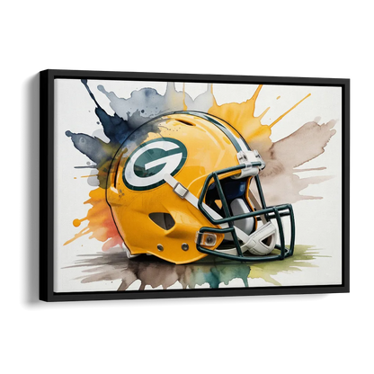 Green Bay Packers Yellow Helmet Watercolor Side - Black Canvas Wall Art