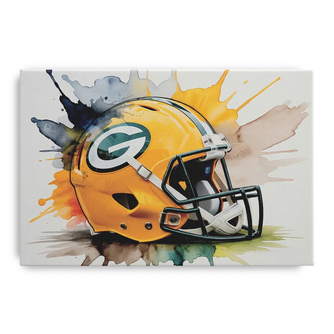 Green Bay Packers Yellow Helmet Watercolor Front - Canvas Wall Art