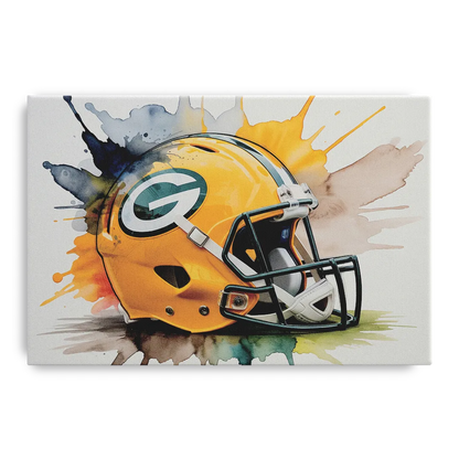 Green Bay Packers Yellow Helmet Watercolor Front - Canvas Wall Art