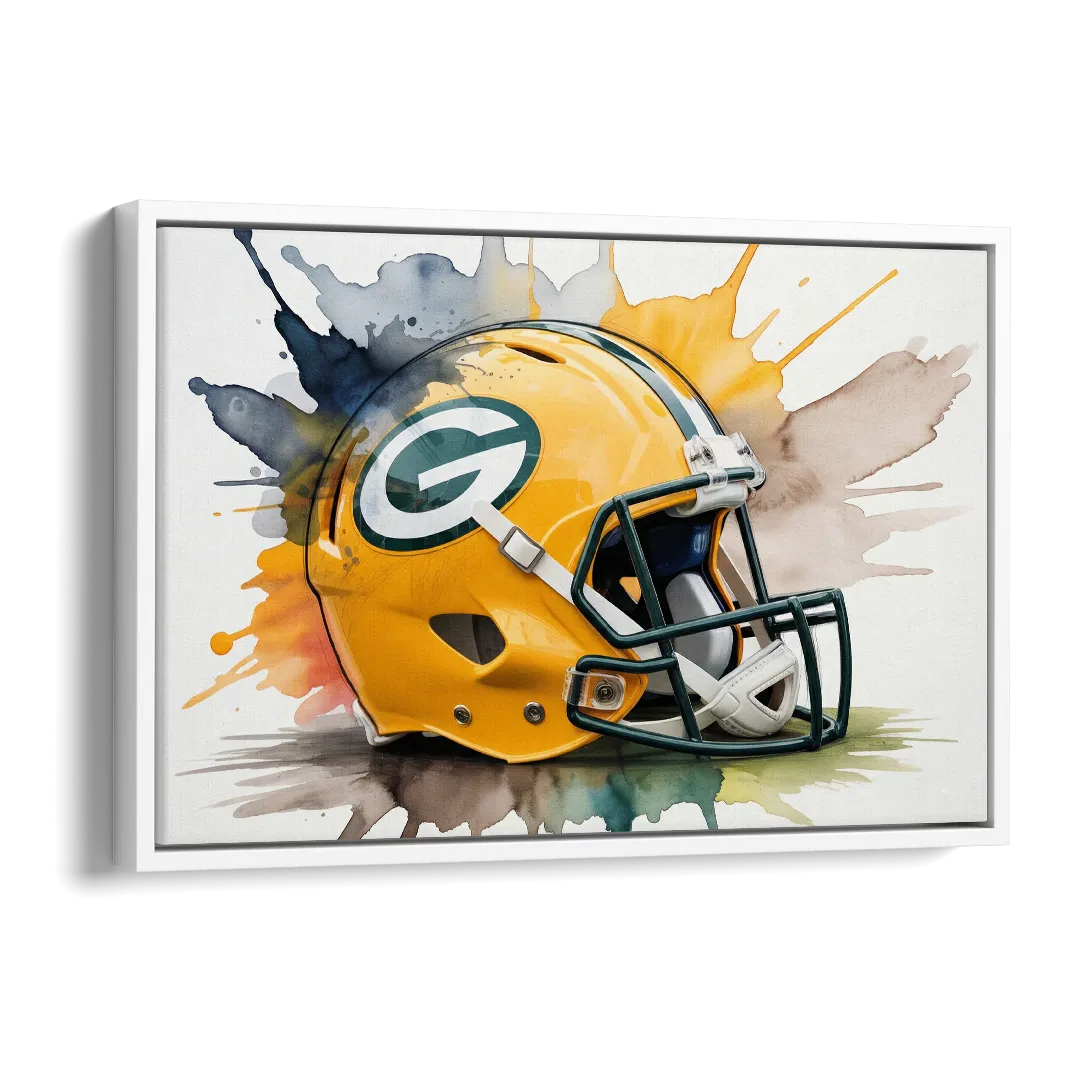 Green Bay Packers Yellow Helmet Watercolor Side - White Canvas Wall Art