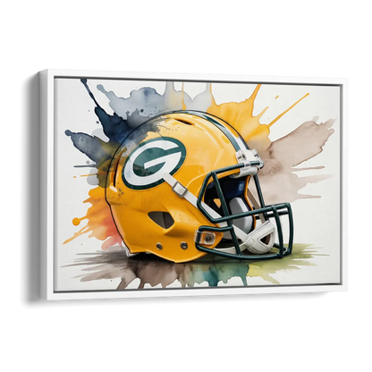 Green Bay Packers Yellow Helmet Watercolor Side - White Canvas Wall Art