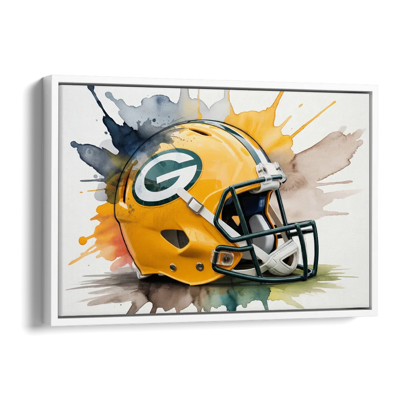 Green Bay Packers Yellow Helmet Watercolor Side - White Canvas Wall Art