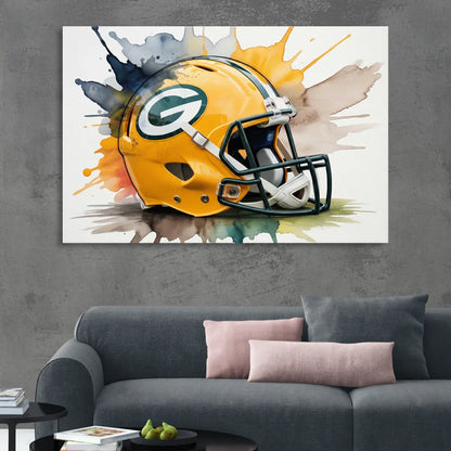 Green Bay Packers Yellow Helmet Watercolor Living Room - Canvas Wall Art