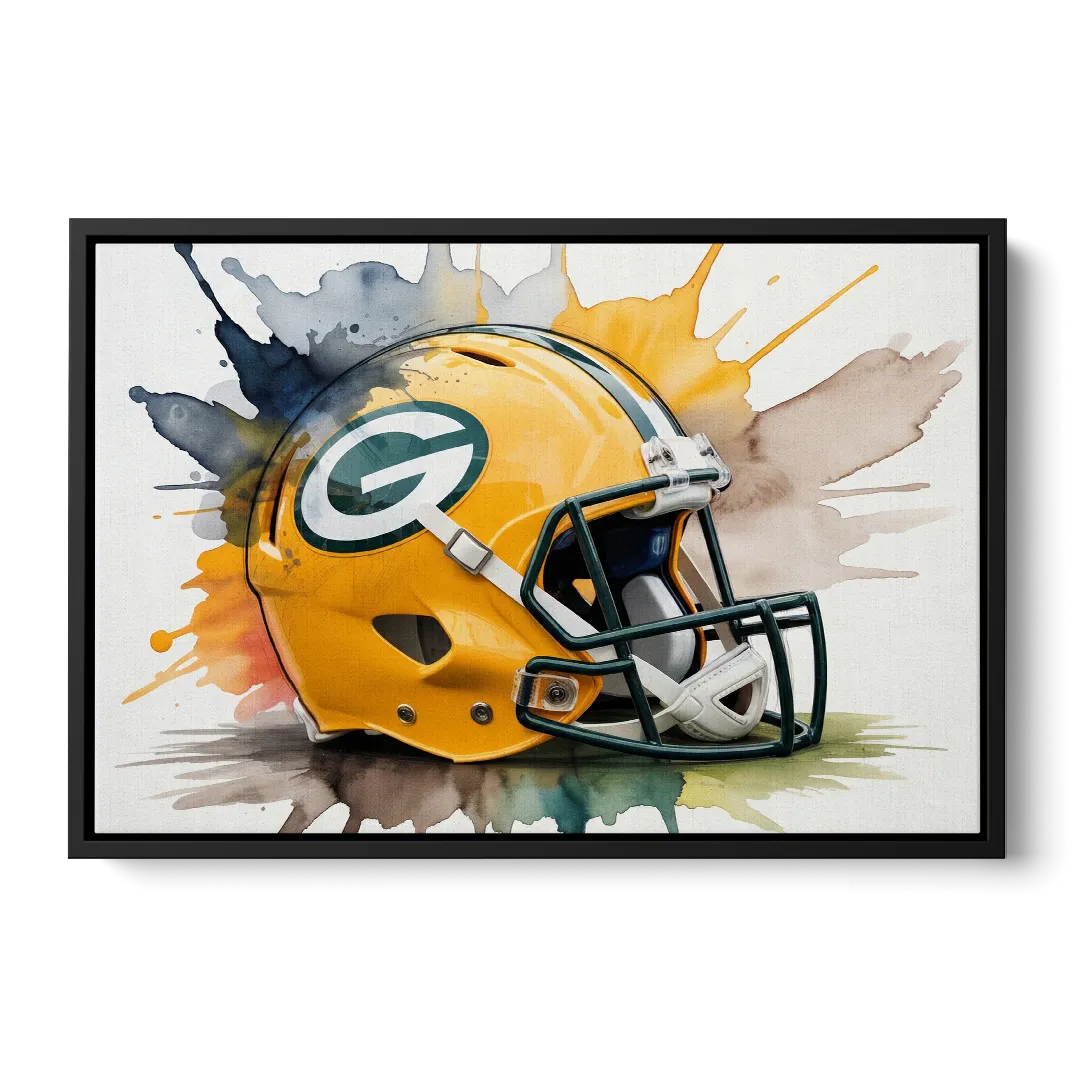 Green Bay Packers Yellow Helmet Watercolor Front - Black Canvas Wall Art