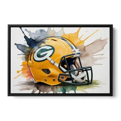 Green Bay Packers Yellow Helmet Watercolor Front - Black Canvas Wall Art