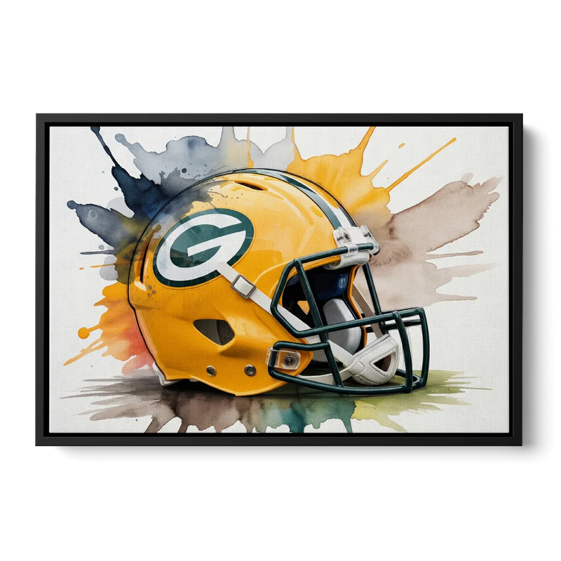 Green Bay Packers Yellow Helmet Watercolor Front - Black Canvas Wall Art