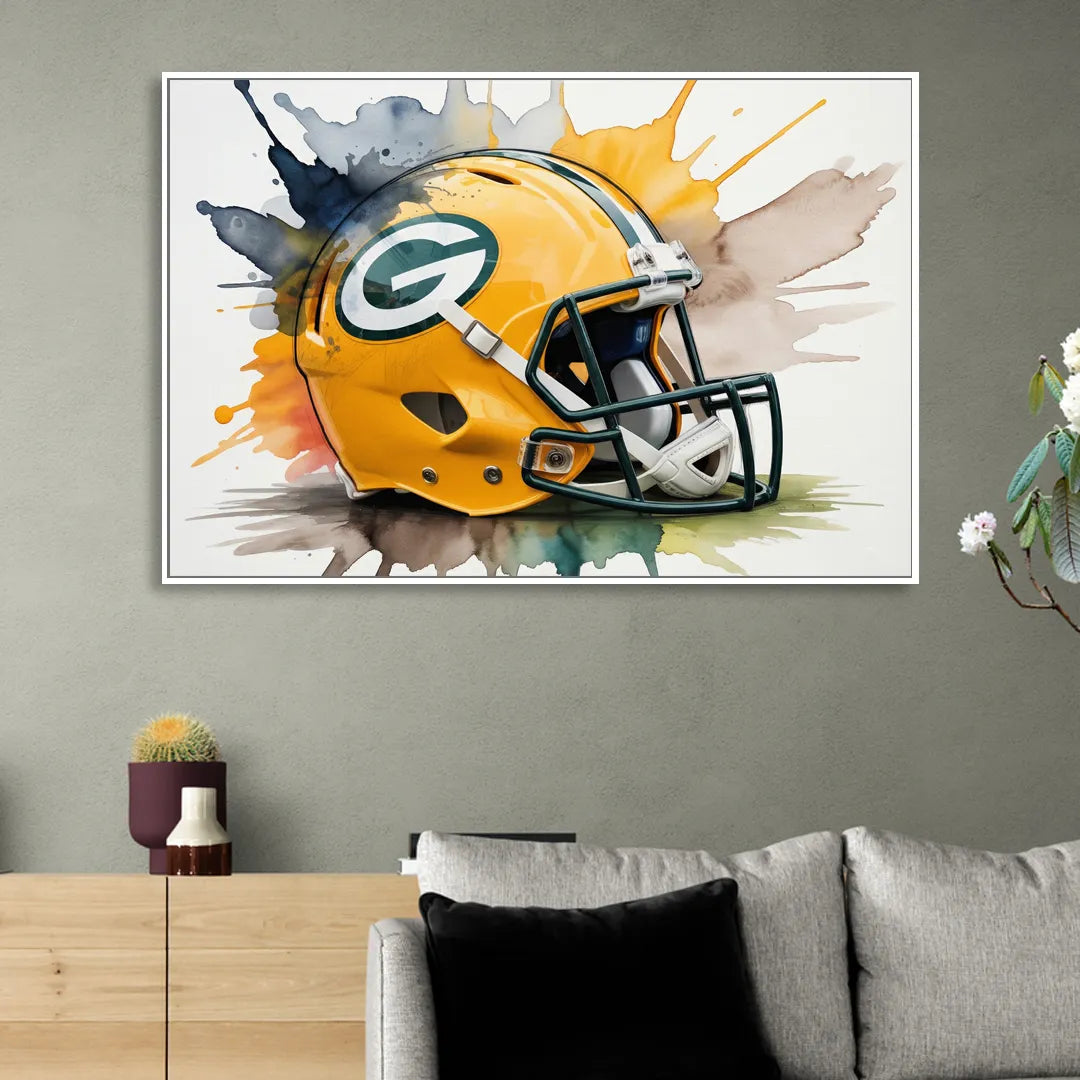 Green Bay Packers Yellow Helmet Watercolor Living Room - White Canvas Wall Art