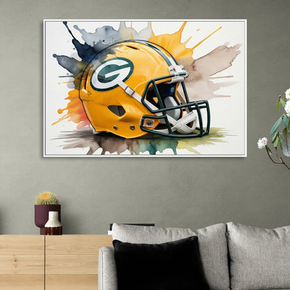 Green Bay Packers Yellow Helmet Watercolor Living Room - White Canvas Wall Art