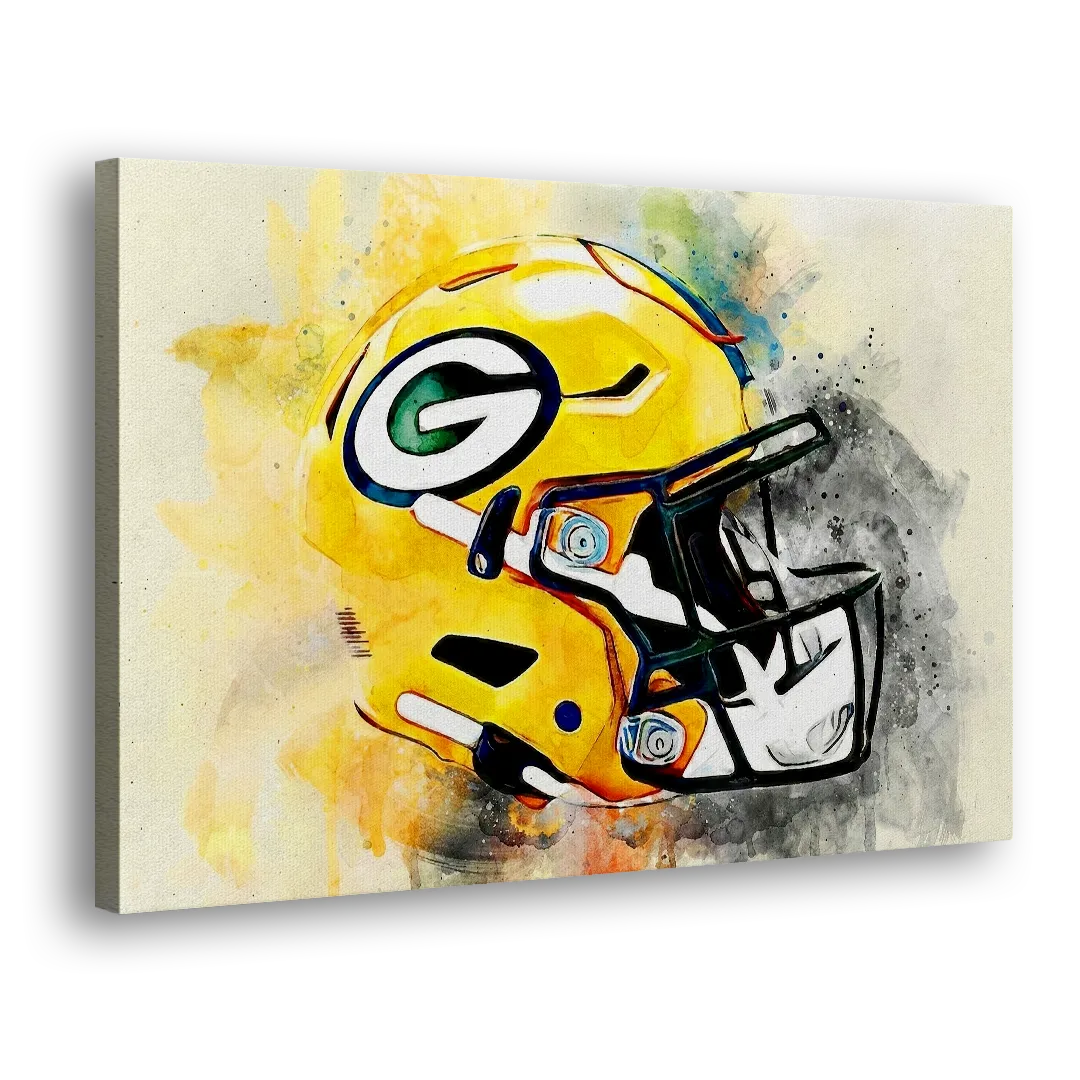 Green Bay Packers Yellow Helmet Expressive Watercolor Side - Canvas Wall Art