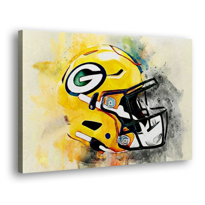 Green Bay Packers Yellow Helmet Expressive Watercolor Side - Canvas Wall Art