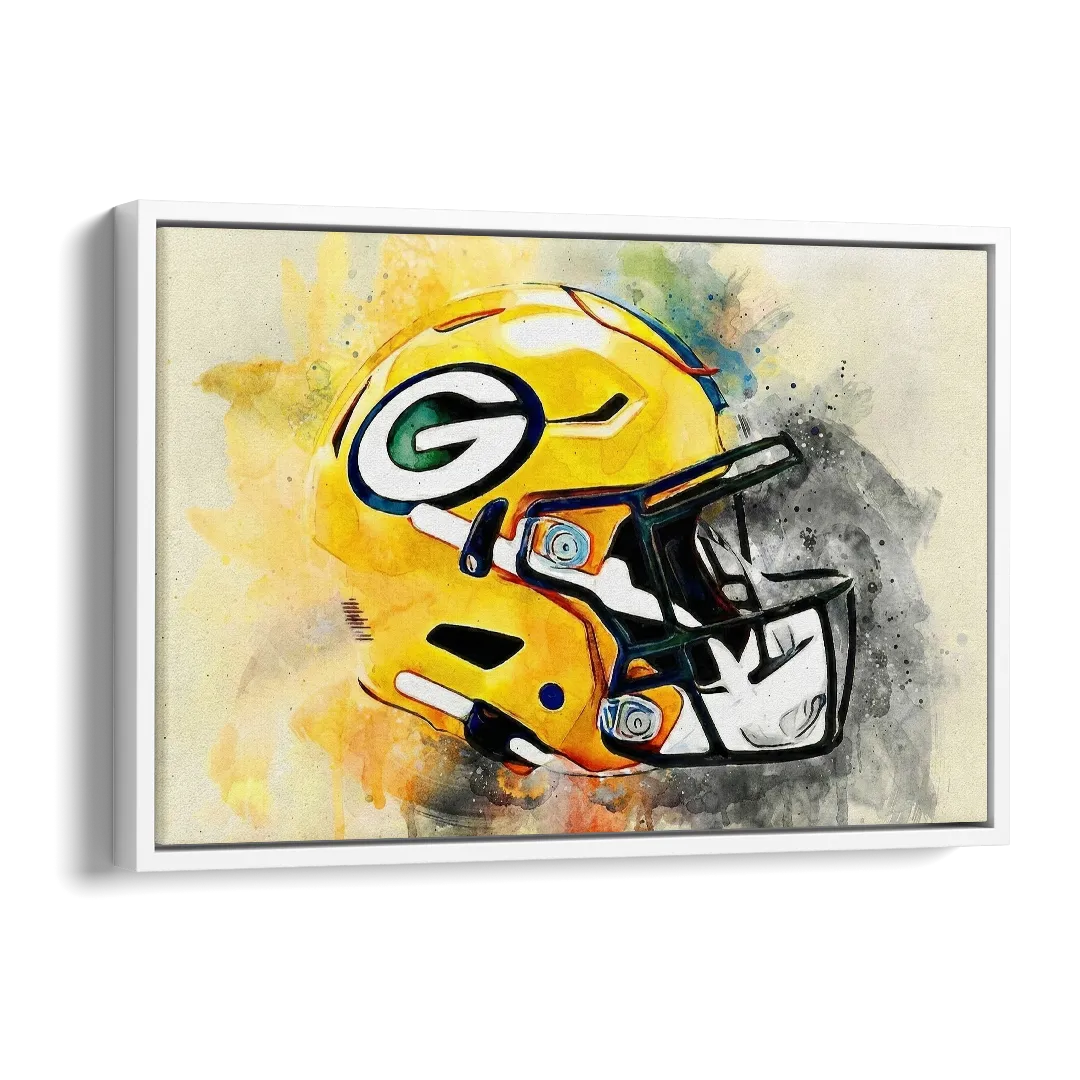 Green Bay Packers Yellow Helmet Expressive Watercolor Side - White Canvas Wall Art