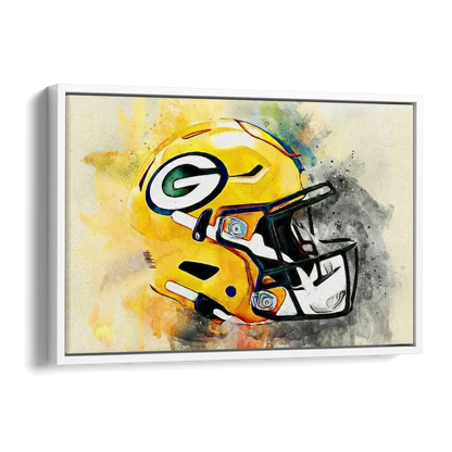 Green Bay Packers Yellow Helmet Expressive Watercolor Side - White Canvas Wall Art