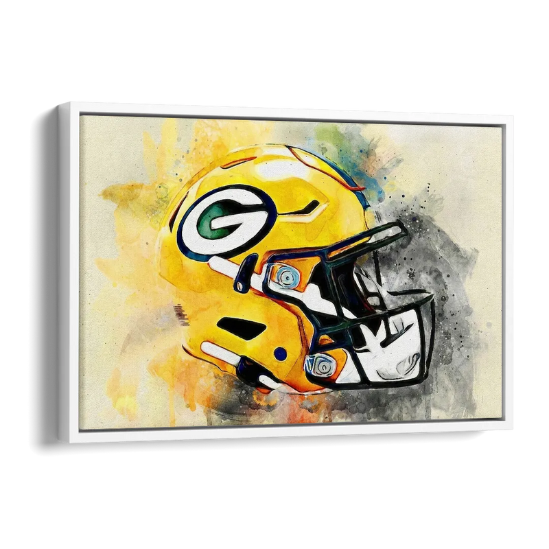 Green Bay Packers Yellow Helmet Expressive Watercolor Side - White Canvas Wall Art