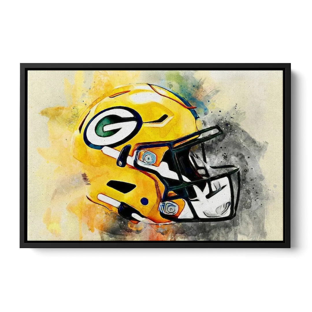 Green Bay Packers Yellow Helmet Expressive Watercolor Front - Black Canvas Wall Art
